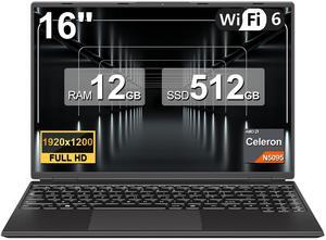 Laptop 16" 12GB+512GB SSD Celeron N5095 Up to 2.9 GHz Win 11 Laptop Support 512GB TF 1TB SSD Expand Notebook with 1920*1200 FHD 5G WiFi BT 4.2 Webcam Cooling Fan for Students and Business-Black