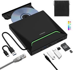 New External CD DVD Drive, Cool DVD Burner USB 3.0 with Ethernet Adapter, 3 USB and 2 TF/SD Card Ports, CD DVD Player Reader Writer Optical Disc Drive for Laptop MacBook PC Windows Linux Mac OS