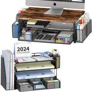 OPNICE Desk File Organizer with Monitor Stand(Black)