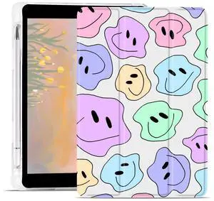 JOYLAND Funny Face Case for iPad 5th/6th Generation With Pencil Holder, Slim Stand Soft TPU Smart Folding Protective Cover, 9.7 Inch, Auto Wake/Sleep, White