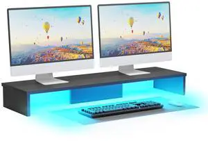 Qupui Dual Monitor Stand Riser for Desk with LED Lights, Large Computer Monitor Stand for 2 Monitors, Desk Shelf for Top of Desk, Desktop Organizer for Computer, Laptop, Printer, TV
