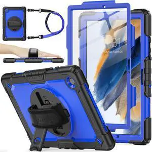 SEYMAC stock Case for Samsung Galaxy Tab A8 10.5'', Full-Body Drop Protection Case with Screen Protector Pencil Holder [360° Rotating Hand Strap] &Stand, Blue+Black