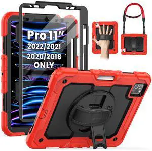 SEYMAC Case for iPad Pro 11 Case 4th/ 3rd/ 2nd/ 1st Gen (2022/2021/2020/2018), Full-Body Shockproof Protective Case with Screen Protector, 360deg Rotating Stand and Hand/Shoulder Strap, Red