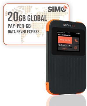 SIMO Solis 5G WiFi Mobile Hotspot + 20GB Global Data, Local and International Coverage Router, Multi-Carrier Access, No Contract or SIM Card Required, 16 Connected Devices, 1GB/Month Lifetime Data