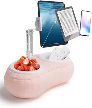 SHUWEI Lap Kindle Pillow Stand,Adjustable Aluminum Arm iPad Holder with Dual Snack Bowls,360° Rotating Clip for 4.7-13" Kindle,Phone,Tablet.Ideal for Hands-Free Reading and Relaxation on Bed & Sofa
