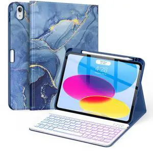 Soke for iPad (A16) 11th/10th Generation Case with Keyboard(2025/2022)-7 Color Backlight Wireless Detachable Folio Keyboard Cover with Built-in Pencil Holder for iPad 11/10.9 inch, Ocean Marble