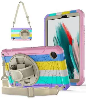 Stweap Case for Samsung Galaxy Tab A9 8.7 Inch 2023, 360deg Rotating Stand, Hand Strap&Shoulder Strap Case for Samsung A9 Tablet(SM-X110/X115/X117) (Colorful Powder)