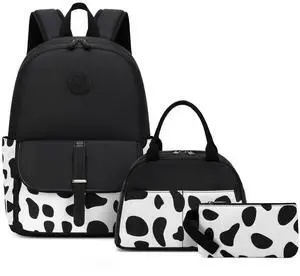 Sunborls Cute Cow Print Teen Girls Backpack with Lunch Bag Pencil Bag Set Back To School Gift Bookbag Casual Daypack Travel Laptop Backpack (Black)