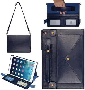 Handbag Case for Apple iPad 5/iPad 6 9.7", iPad Air 1st/2nd Generation Cases, Techcircle Folio Stand Crossbody Wallet Case with Pencil Holder, Hand Strap & Shoulder Strap Soft Protective Cover, Navy