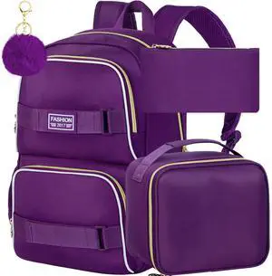 17 Inches Girls Backpack, 3Pcs School Bookbag Set for Teens College Students, Laptop Backpacks with Lunch Box (Deep Purple)