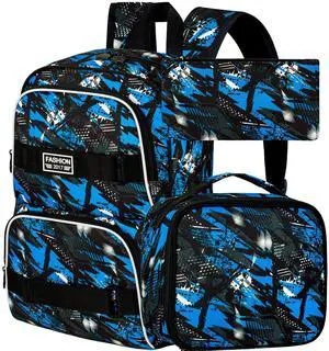17 Inches Boys Backpack, 3Pcs School Bookbag Set for Teens College Students, Graffiti Laptop Backpacks with Lunch Box (Blue)
