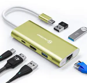 UtechSmart USB C Hub, USB C Ethernet Multiport Adapter, 6 in 1 USB C to HDMI Dock Compatible for MacBook Pro/Air, Chromebook, Dell XPS, HP (Gigabit Ethernet 100W PD 4K HDMI USB 3.0)(Gold), UCN3273