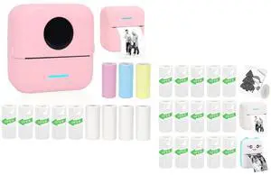Vicbear Mini Portable Printer Set with 12 Rolls Printing Paper + 15 Rolls Thermal Sticker Paper Set, Pink