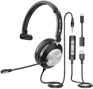 Voistek USB Headset with Microphone for PC/Laptop, Computer Headphones (One Ear) Wired Work Headset with Noise Cancelling Mic & Volume Controls for Call Center,Office,Team Meetings,Zoom