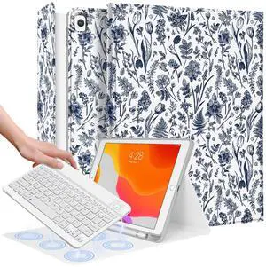 Wazzasoft for iPad 9th/8th/7th/Air 3rd Generation/Pro 10.5 Inch Case Keyboard Pencil Holder Folio Tablet Cover Women Girl Cute Girly Teen Kawaii Blue Floral Unique Design for Apple 10.2 & 10.5 Inch