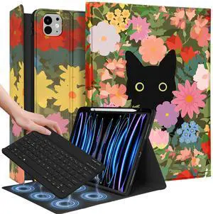 Wazzasoft for iPad Pro 13 inch Case with Keyboard M4 - Pencil Holder Folio Women Girls Cute Kawaii Strawberry Unique Design for Apple Tablet Cover Pro 13 2024, Cat Flower