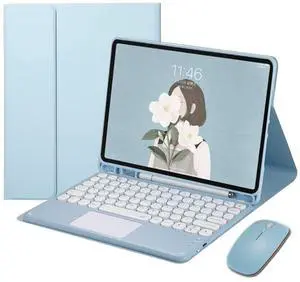 YEEHi iPad 6 iPad 5 Air 2 Pro 9.7 inch Touchpad Keyboard Case Retro Round Key with Mouse Cute Color Keyboard with Trackpad 6th 5th Generation Detachable Touch Keyboard Cover (Blue)