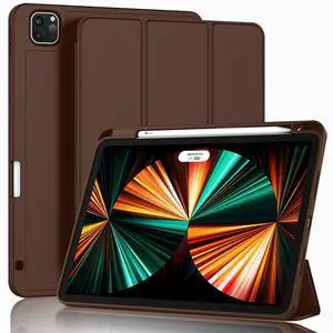 ZryXal New iPad Pro 12.9 Inch Case 2022/2021/2020(6th/5th/4th Gen) with Pencil Holder,Smart iPad Case [Support Touch ID and Auto Wake/Sleep] with Auto 2nd Gen Pencil Charging (Chocolate)