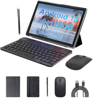 ZZB Android 15 Tablet 10 inch Tablet 2 in 1 Tablets with Keyboard Mouse Case Stylus 18GB RAM 128GB ROM 2TB Expand, Android 15(NOT GO) 10.1" IPS 6000mAh Battery Bluetooth Dual Camera 5G-WiFi Tablets.