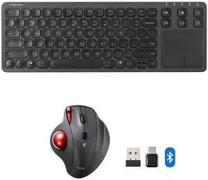 SANWA Multi Device Bluetooth Trackball Mouse and Bluetooth Keyboard with Touchpad, Silent Click Programmable Roller Ball Mouse, Rechargeable Keyboard, Compatible with Mac, Windows, Android, Laptop