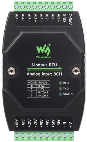 Waveshare Industrial 8-Ch Analog Acquisition Module, 12-Bit High-Precision, Supports Voltage and Current Acquisition, DC 7~36V Wide Voltage Power Supply, 8-ch Current Mode, 0~20mA