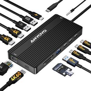 ANYOYO USB C Docking Station Dual Monitor 4K60HZ, 14-in-1 Docking Station 3 Monitor(2 HDMI+USB C Video Out),10Gbps(4*USBC+1A),PD100W,1G Ethernet, Laptop Dock for Dell,HP, Lenovo,USBC Monitor