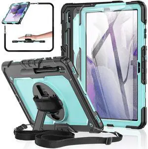 BASE MALL Tablet Case for Samsung Galaxy Tab S8 Plus 2022/S7 FE/S7 Plus 12.4 5G, [Shockproof] with Tempered Glass Screen Protector,360deg Rotating Kickstand/Hand Strap/S Pen Holder (SkyBlue)
