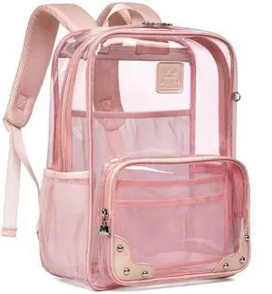 Caoroky knight Clear Backpack Heavy Duty Transparent Laptop Backpacks 15.6 Inch See Through TPU Travel Daypack Large College Bookbag for Women Men Teens Girls Boys students-Pink