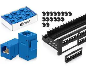 Everest Media Solutions Bundle  2 Items: 48-Port Keystone Patch Panel + 12 Pack of RJ45 CAT6 Keystone Couplers - Blue