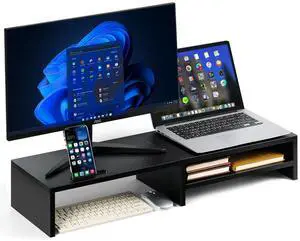 HUVIBE Dual Monitor Stand Riser - Wooden Dual Display Stand for Desk, 31.5" Monitor Shelf with Storage Drawer, Computer Organizer for Office Desk, Home Office or Gaming Setup (Black)