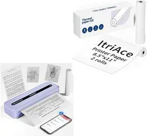ItriAce M832 Portable Printer, 300DPI Wireless Bluetooth Thermal Printer, Support Multi-Size Thermal Paper, with S Letter Paper, Advance Thermal Printing Thermal Paper 2 Rolls