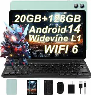 Android 14 Tablet with Keyboard 20GB RAM 128GB ROM, 2025 Octa-Core 10 Inch Tablets with WiFi 6, 1TB Expandable, 1280x800 IPS Display, 6000mAh Battery, Widevine L1, Split Screen, Mouse, Case -Green