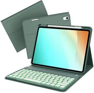 kenke for iPad (A16) 11th/10th Generation Case with Keyboard (11/10.9 Inch, 2025/2022), 7 Colors Backlit Detachable Wireless Bluetooth Round Key Keyboard, Flip Stand Smart Case, Dark Green