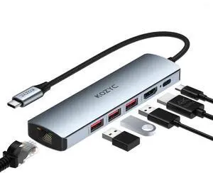 USB C Hub Ethernet, KOZYC 6-in-1 USB C Hub with 10Gbps, HDMI 4K 60Hz, 1Gbps Ethernet, 3xUSB-A 3.2, 100W PD Compatible with MacBook Air/Pro, XPS13/15, Dell