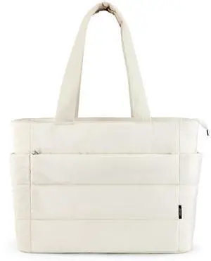 KALIDI Quilted Tote Bag, Carryall Puffer Messenger Laptop Bag Padded Shoulder Large Anti Splash Zipper Casual Work Gym Women, Creamy White