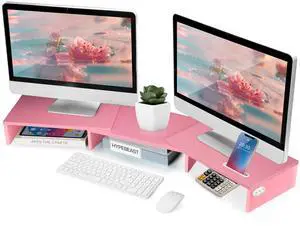 La Jaco Dual Monitor Stand Riser for 2 Monitors, Monitor Stand for Desk, Adjustable Length & Swivel Angle Wooden Desktop Organizer Stand Riser with Smartphone Holder for PC Monitor Laptop, Pink