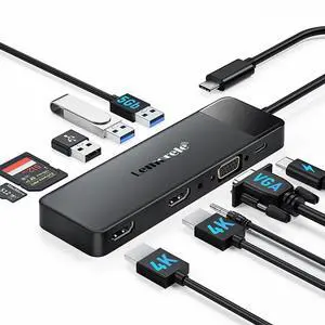 Lemorele USB C Docking Station Dual Monitor 10- in-1 Triple Display Laptop Hub Multiport Adapter w/2 HDMI 4K+VGA+3 USB3.0/2.0+TF/SD 2.0+Audio+100W PD, USB C Dongle for Mac/Dell/HP/Lenovo/Surface