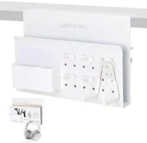 LUKETURE Desk Side Storage, No Drill Laptop Mount, Steel Hanging Organizer, with Pegboard Accessories, Clamp on Laptop Holder for Office and Home, Fits Flat Edge Desks 0.3" to 2.8"