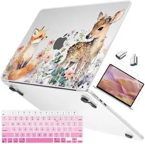 Mektron Ultra Thin Armor Case Compatible with MacBook Air 13.6 inch Printed Cover 2025-2022 M4 M3 M2 A3240 A3113 A2681, Protective Hard Shell with Fold Kickstand, Fox and Deer