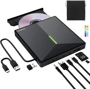 ORIGBELIE External CD DVD Drive with 4 USB Ports and 2 TF/SD Card Slots, USB 3.0 Portable CD/DVD Disk Drive Player Burner Reader Writer for Laptop MacBook Desktop PC Windows 11/10/8/7 Linux Mac OS