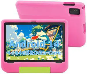 Kids Tablet, 10.1 Inch Android 14 Tablet for Kids, Octa-Core, 8(4+4)GB RAM 64GB ROM Expandable, IPS HD 1280x800, WiFi 6, 5000mah Battery, GMS, 2.0MP + 5.0 MP, Parental Control Mode (Pink EVA Case)