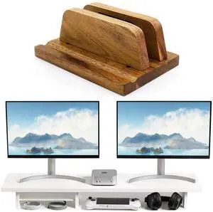 ROCDEER Acacia Wood Vertical Laptop Stand - Adjustable Slot and Bamboo Dual Monitor Stand Riser White