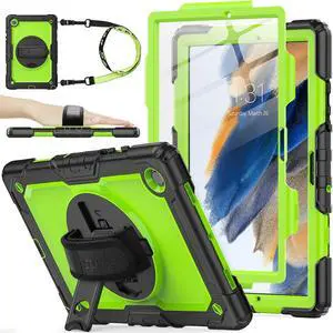 SEYMAC stock Case for Samsung Galaxy Tab A8 10.5'', Full-Body Drop Protection Case with Screen Protector Pencil Holder [360° Rotating Hand Strap] &Stand, Green+Black