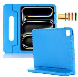 Kids Case for iPad Pro 13" 2024 (M4) & iPad Air 13" (2025 M3)(2024 M2) Shockproof Case with Pencil Holder, Techcircle Handle Stand Light EVA Foam Bumper Protective Rugged Child Proof Cover, Blue