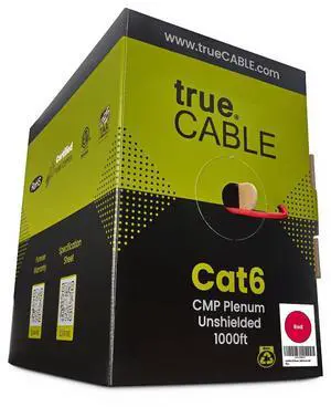 trueCABLE Cat6 Plenum (CMP), 1000ft, Red, 23AWG 4 Pair Solid Bare Copper, 550MHz, PoE++ (4PPoE), ETL Listed, Unshielded Twisted Pair (UTP), Bulk Ethernet Cable