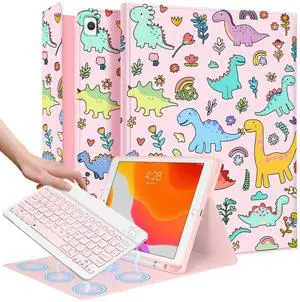 Wazzasoft for iPad 9th/8th/7th/Air 3rd Generation/Pro 10.5 Inch Case Keyboard Pencil Holder Folio Tablet Cover Women Girl Cute Girly Teen Kawaii Dino Unique Design for Apple 10.2 & 10.5 Inch