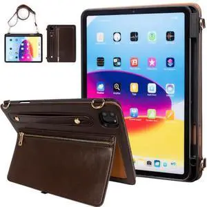 Dteck for iPad Pro 11 Inch 4th/3rd/2nd/1st Gen Case with Pencil Holder, iPad Air 11 2024/iPad 5th/4th Gen Case,PU Leather Shockproof Protective Stand Zipper Pocket Strap Soft TPU Back Cover,Brown