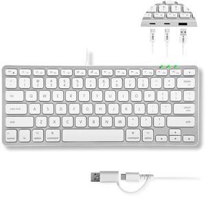 Macally Small Keyboard for Mac with USB Hub (3 Ports) - Wired 2 in 1 USB C + A Plug - Save Space with an Apple Compatible Keyboard (78-Key Layout) - Silver