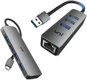 uni USB C to USB Hub Multiport Adapter, Aluminum 4 Ports USB C Splitter Bundle with USB 3.0 to Ethernet Adapter Gigabit, High-Speed USB Hub with Ethernet
