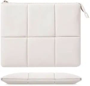 MoKo 13.3-14 Inch Puffy Laptop Sleeve Fit with MacBook Air 13'' M3 2024/2020/2019, MacBook Pro 14'' M3 2024/2023, MacBook Pro 13" M2/M1, Built-in Elastic Band, PU Leather Carrying Case, Beige